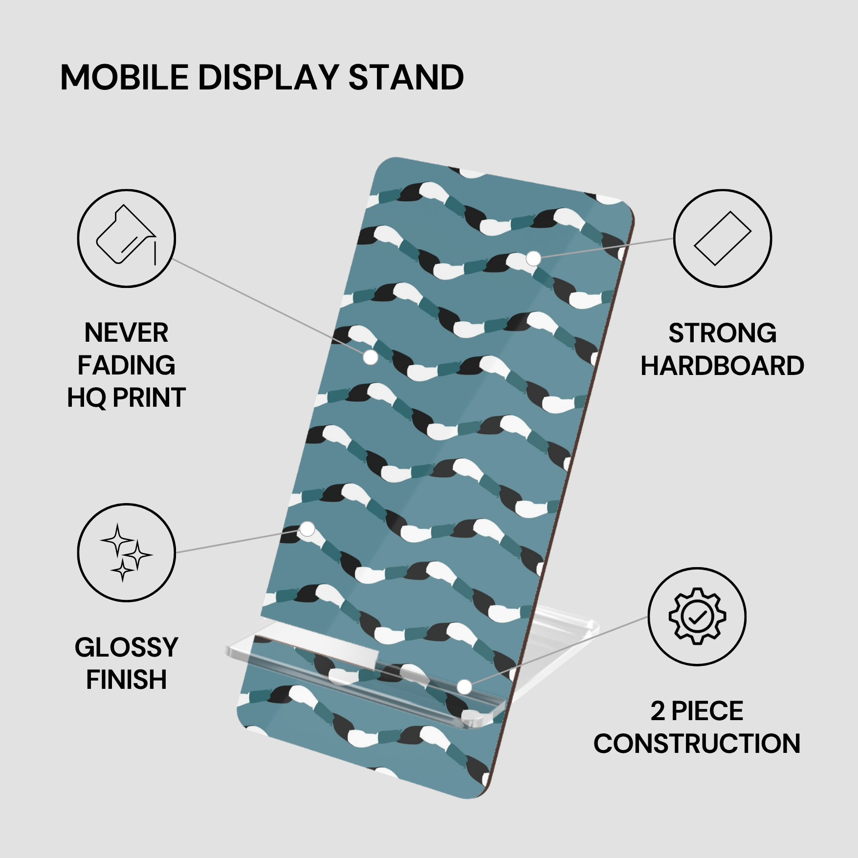 Mobile display stand with patterned design on a gray background