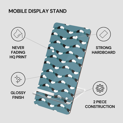 Mobile display stand with patterned design on a gray background