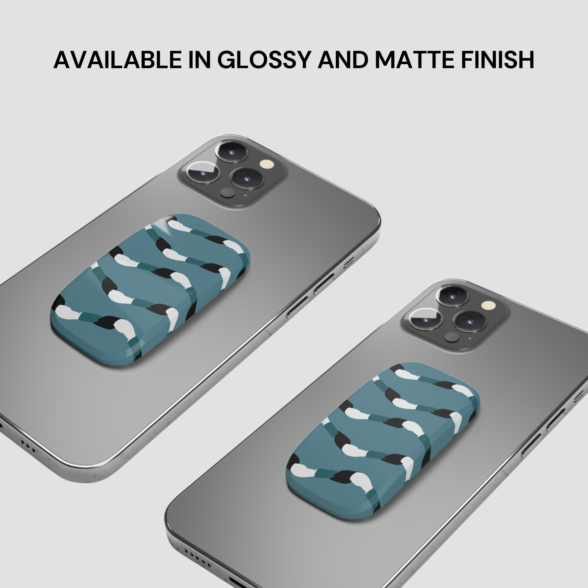Two phone cases with a pattern on a gray background, text indicating finish options.