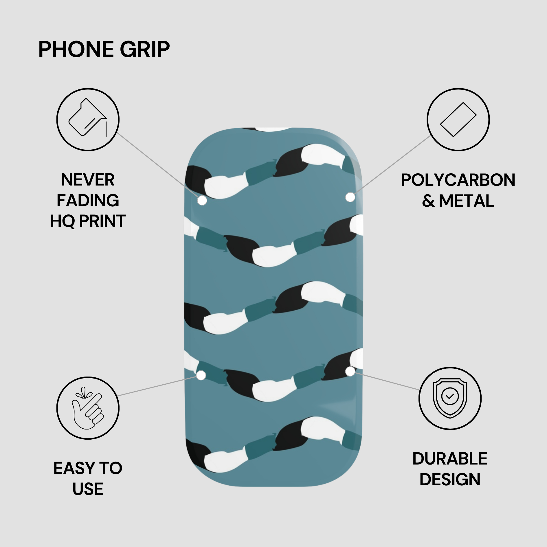 Phone grip with features listed on a gray background