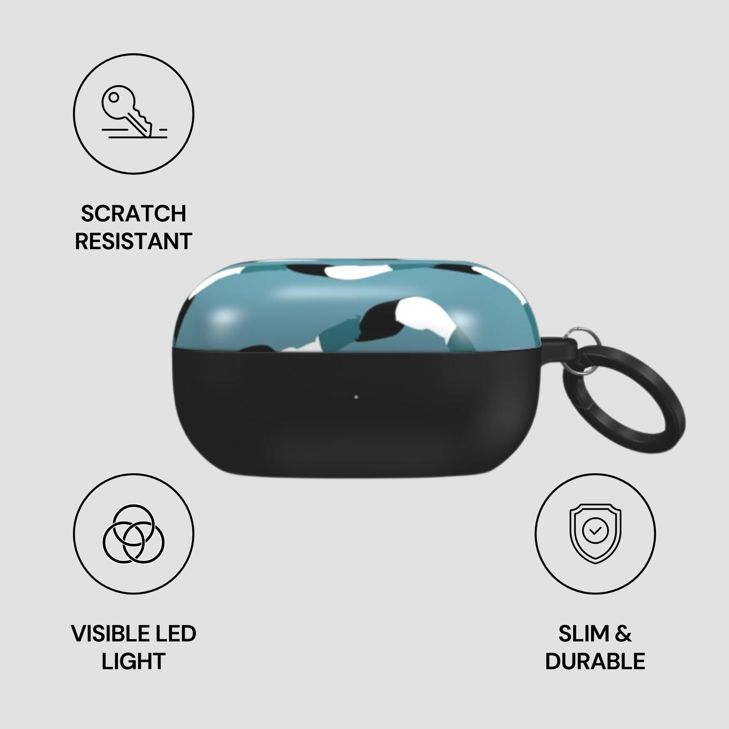 Black and blue case with keychain on a gray background, featuring scratch-resistant, visible LED light, slim, and durable attributes.
