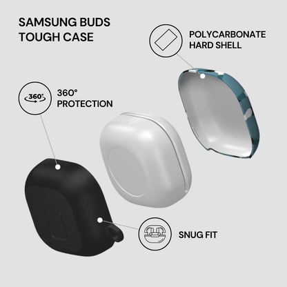Samsung Buds Tough Case with features highlighted on a gray background