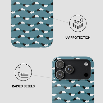 Phone case with wave pattern, UV protection, and raised bezels features on a light gray background.