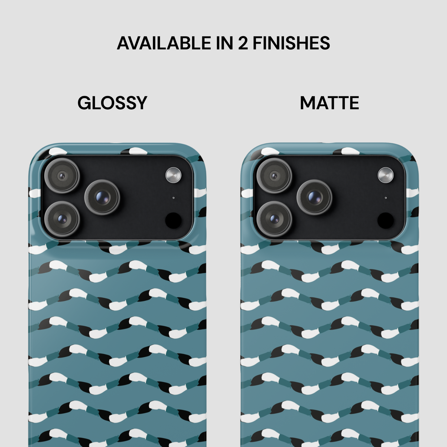 Two phone cases with a pattern, one glossy and one matte, on a light gray background.