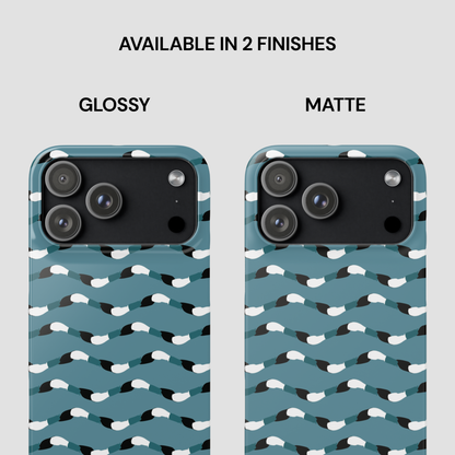 Two phone cases with a pattern, one glossy and one matte, on a light gray background.