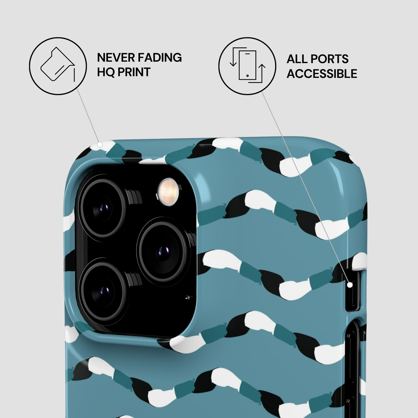 Phone case with a pattern of black, white, and teal shapes on a light gray background.