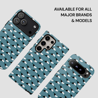 Phone cases with a blue and white pattern on a light gray background