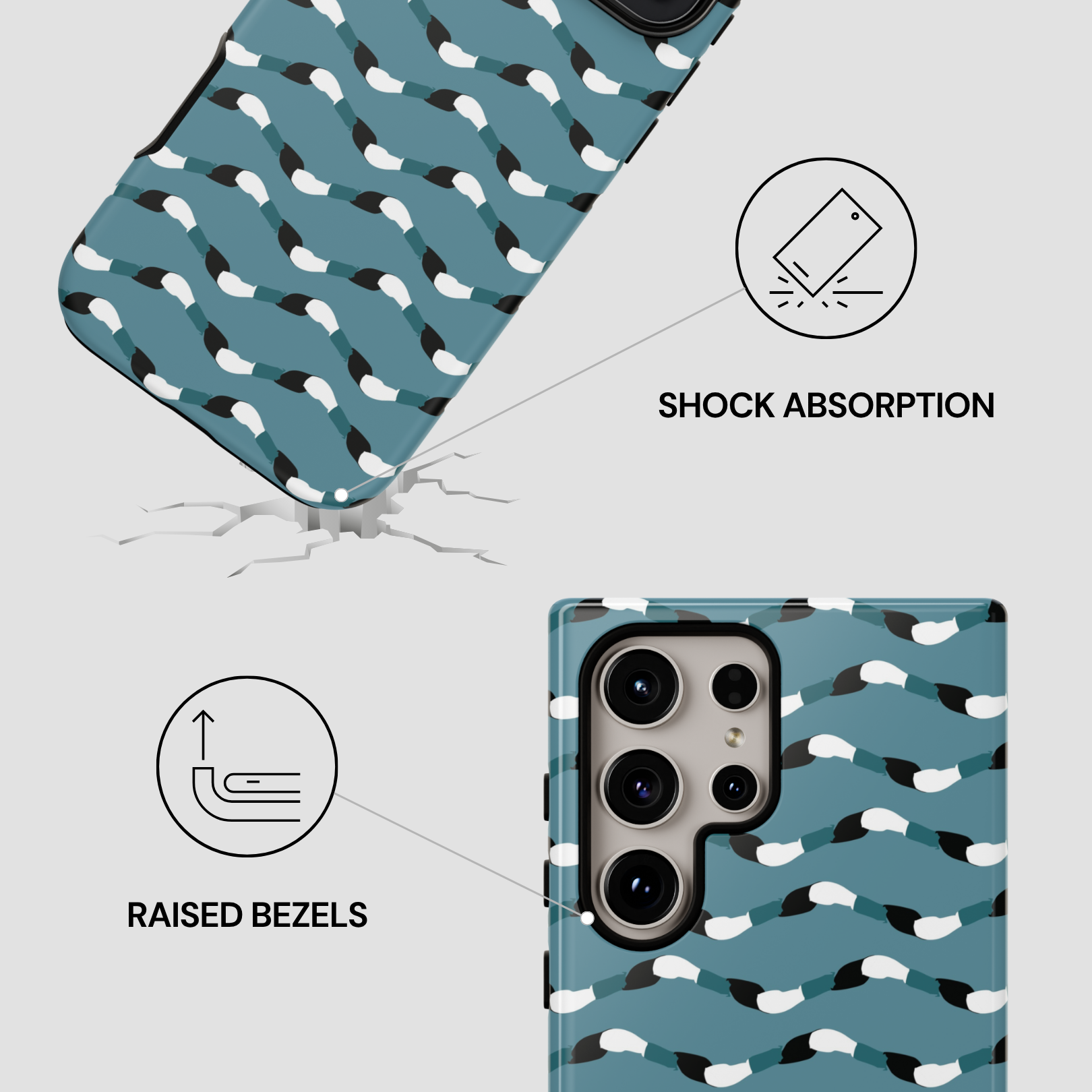 Phone case with wavy pattern and shock absorption features on a light gray background