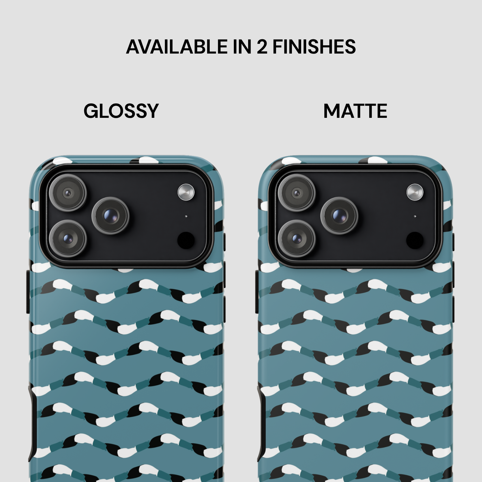 Two phone case designs with a pattern on a light gray background, labeled 'Glossy' and 'Matte'.