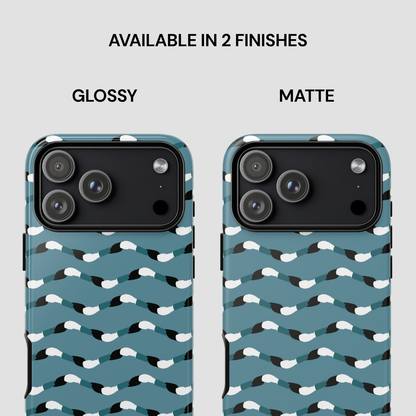 Two phone case designs with a pattern on a light gray background, labeled 'Glossy' and 'Matte'.