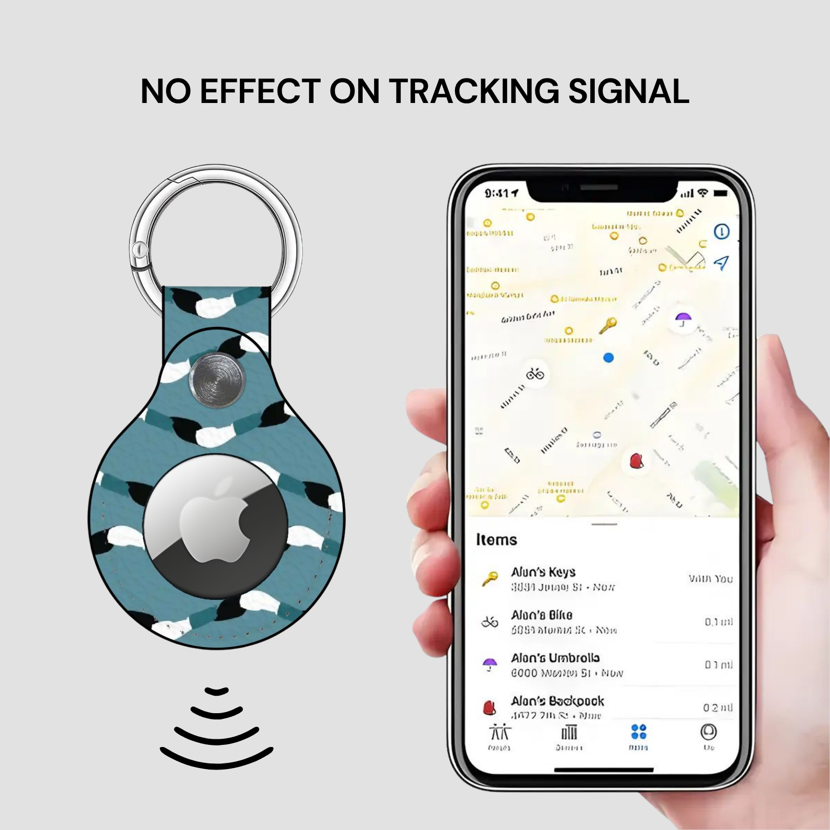 Smart keychain with Apple logo and phone displaying location app on gray background
