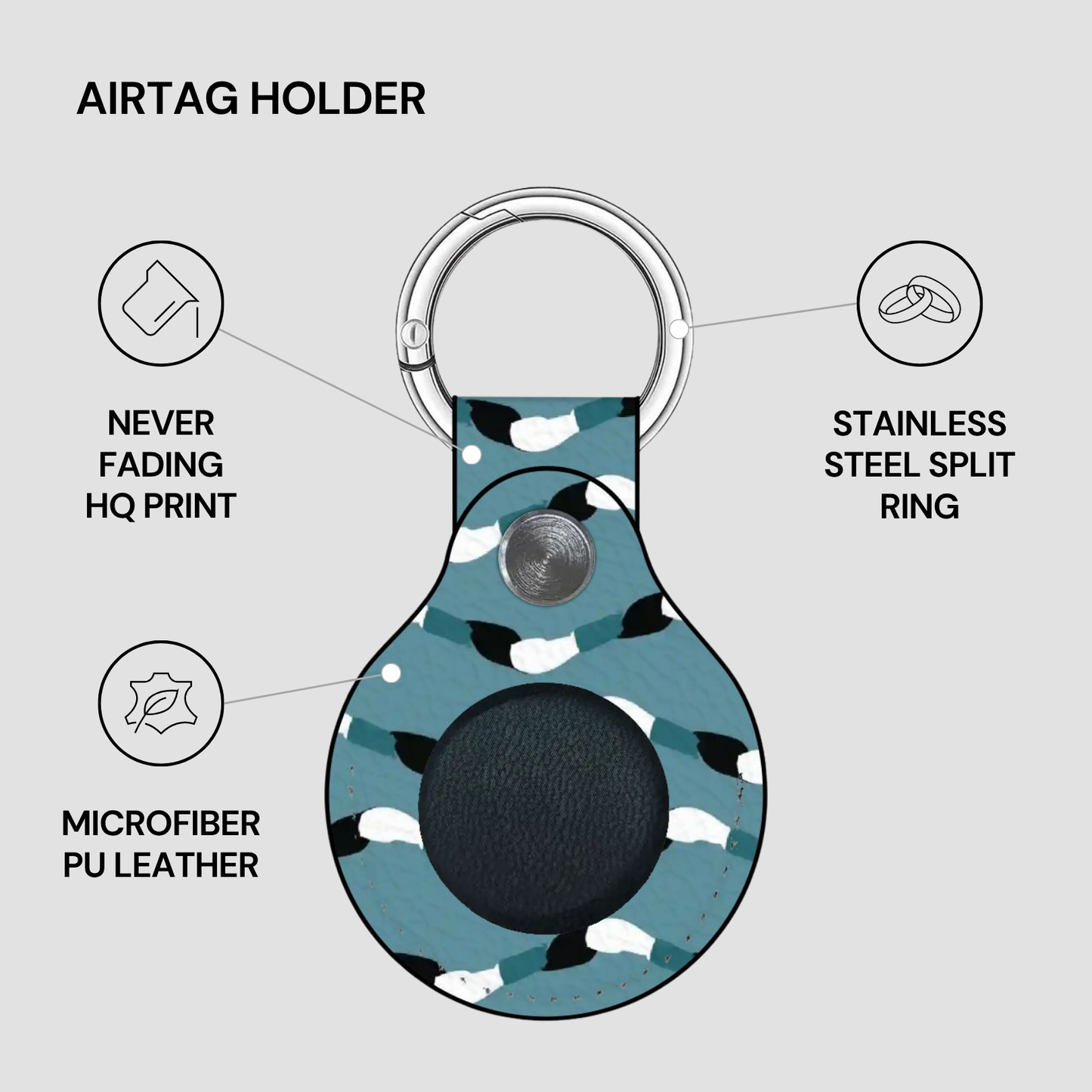 Airtag holder with camouflage design on a gray background