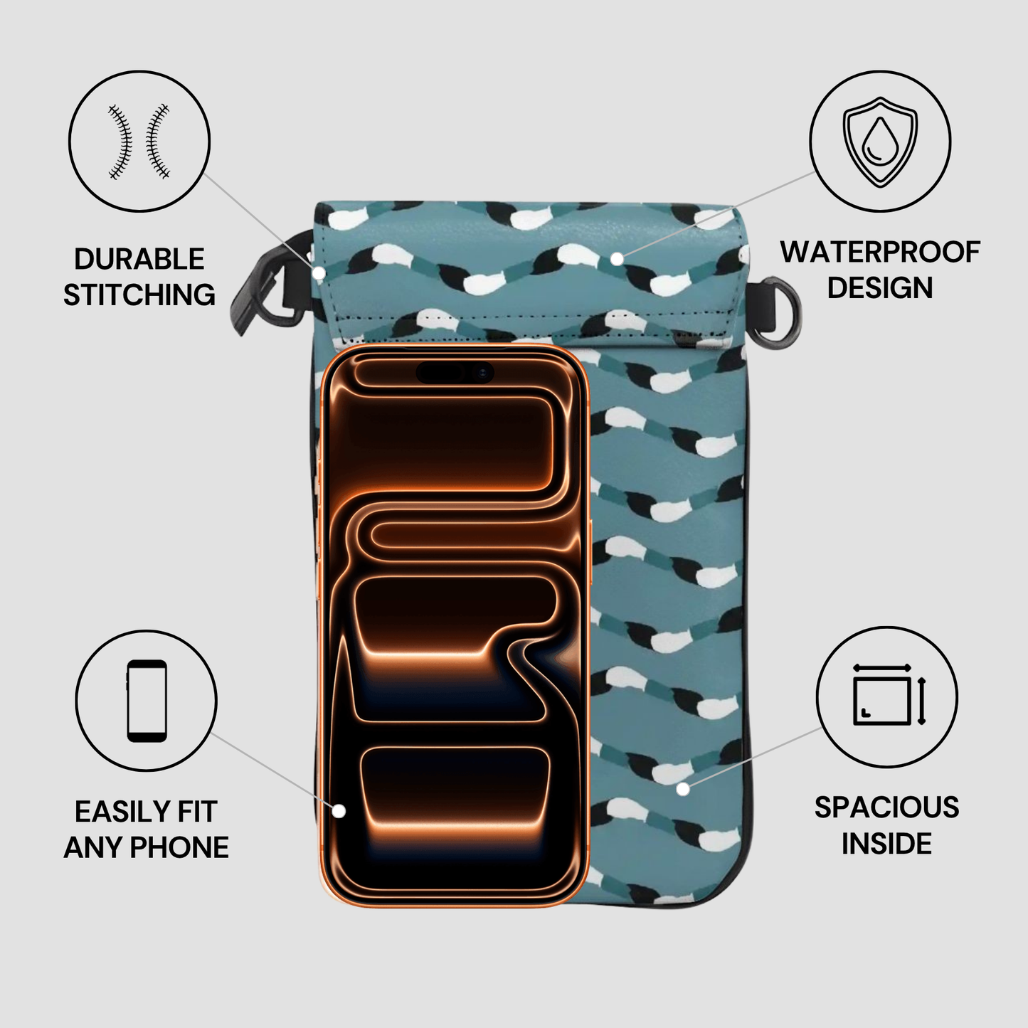 Blue camouflage phone case with features highlighted on a light gray background