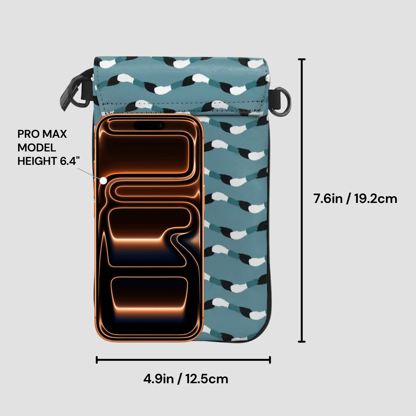 Phone case with pattern and dimensions labeled on a gray background