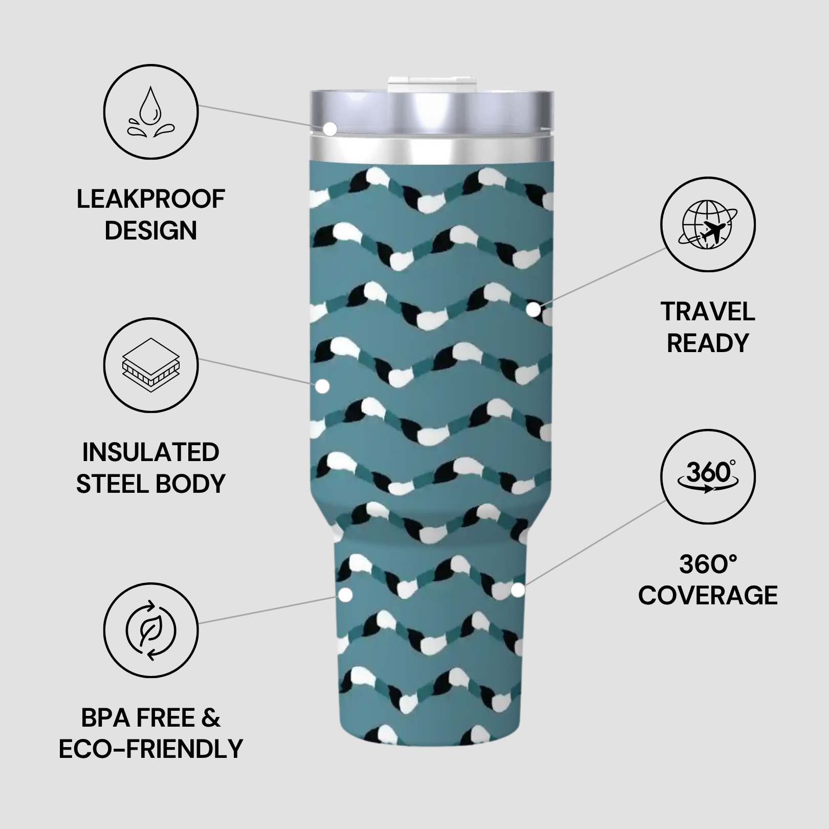 Tumbler with blue pattern on a gray background, featuring text about its features.
