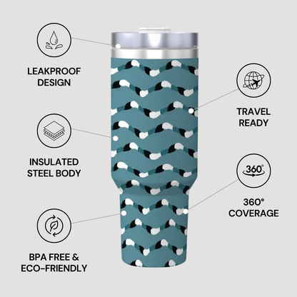 Tumbler with blue pattern on a gray background, featuring text about its features.