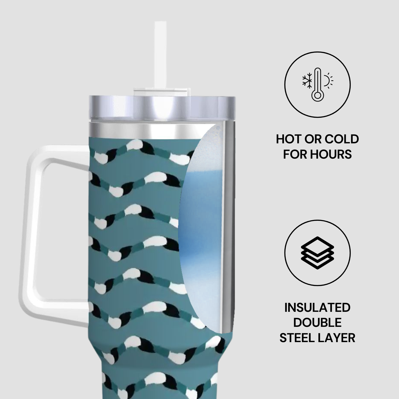 Tumbler with a patterned sleeve on a light gray background