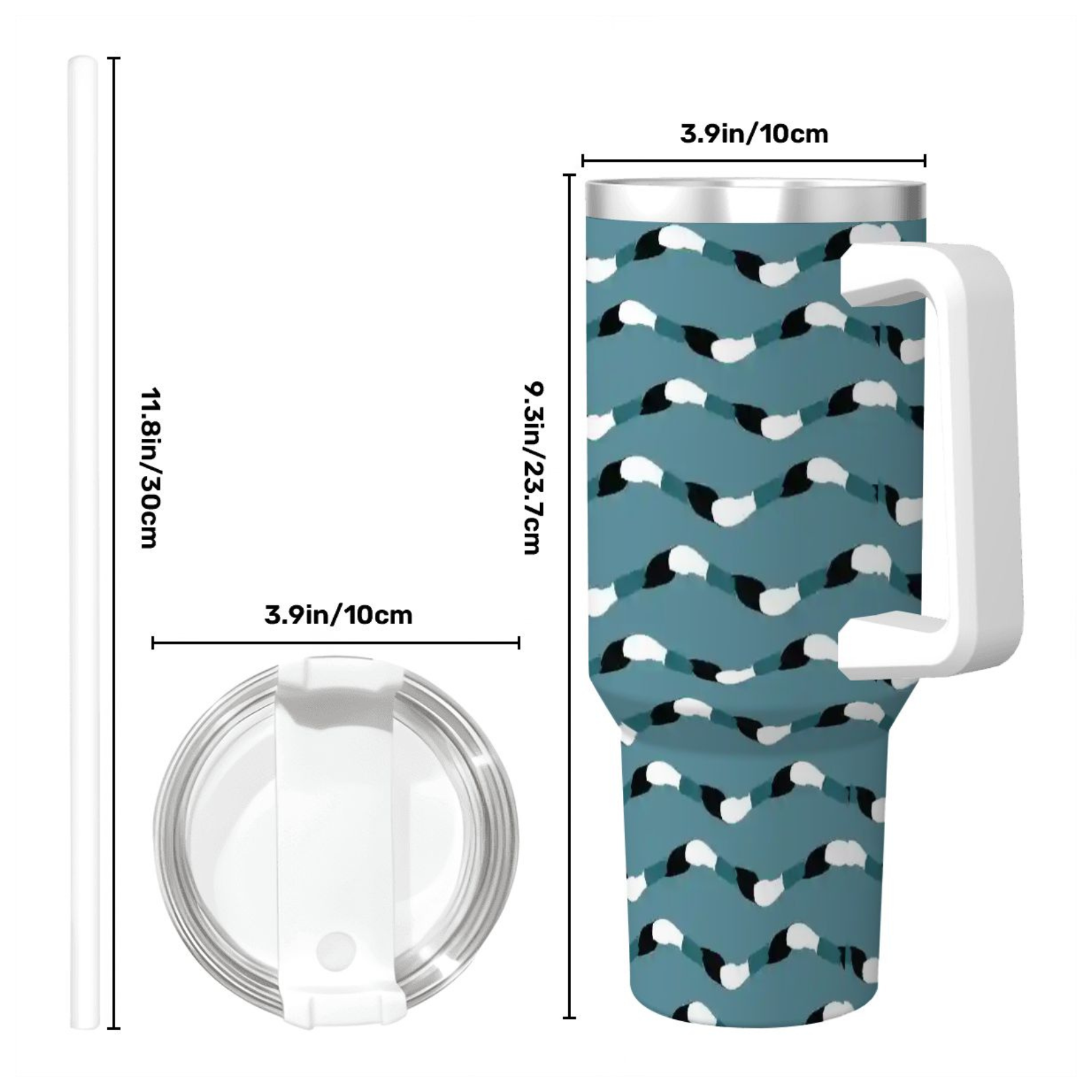 Blue tumbler with white pattern and measurements on a white background