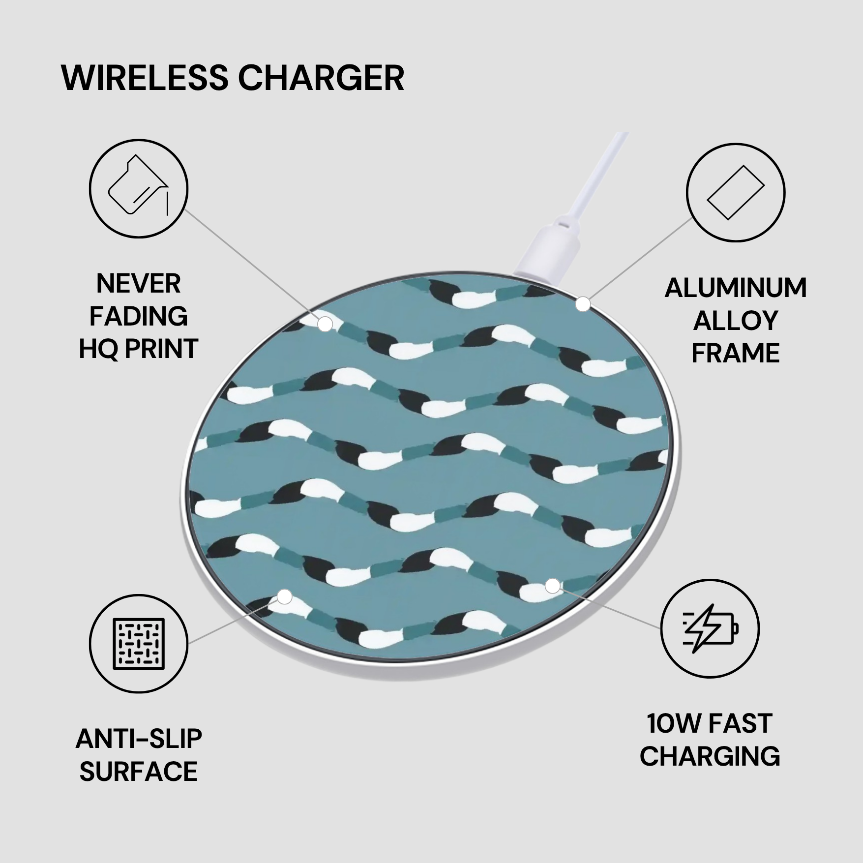 Wireless charger with patterned design on a light gray background