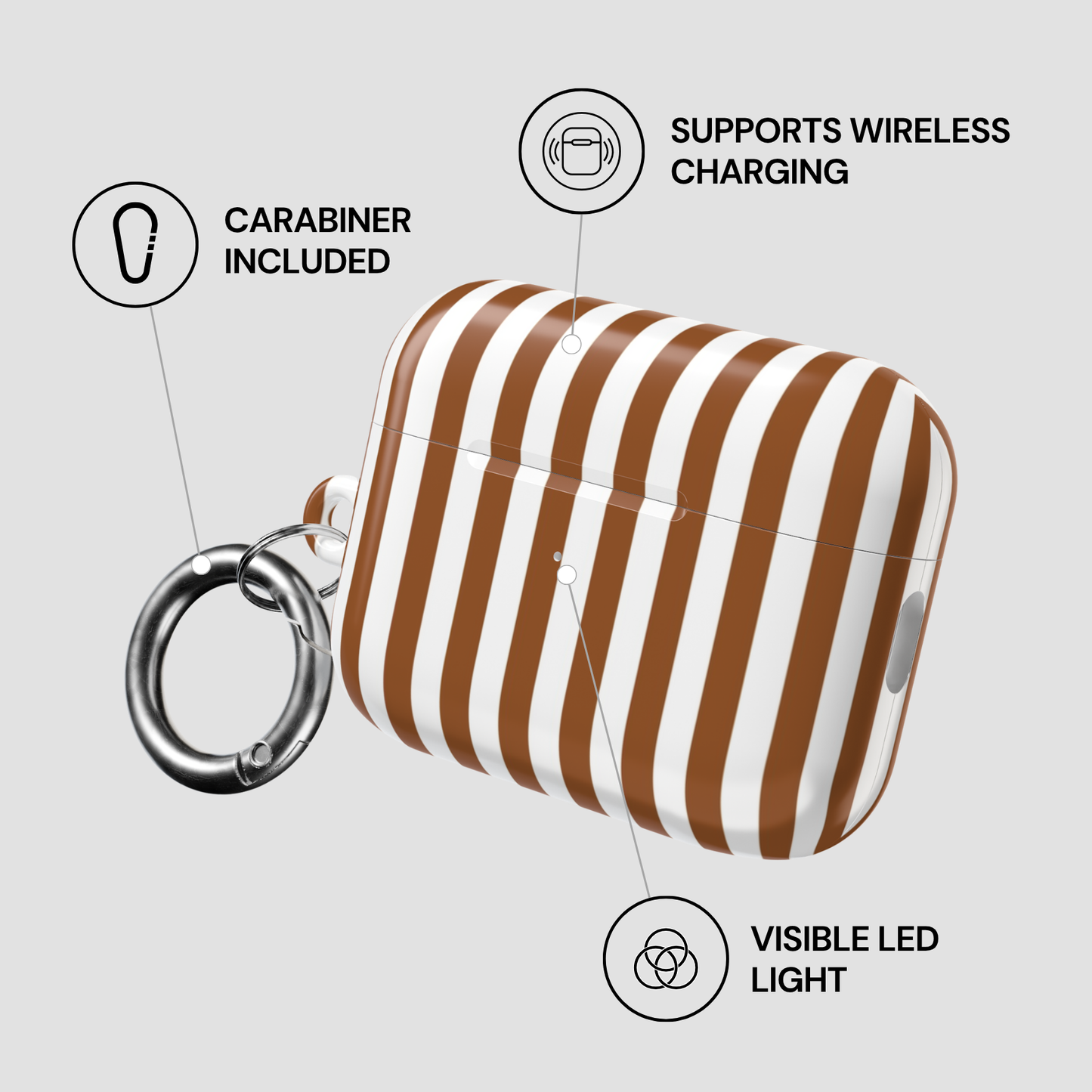 Striped case with carabiner and wireless charging features on a light gray background