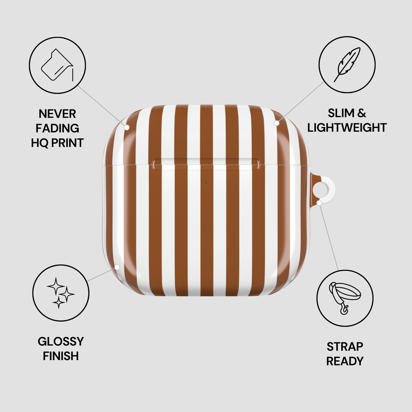 Striped case with features listed on a light gray background
