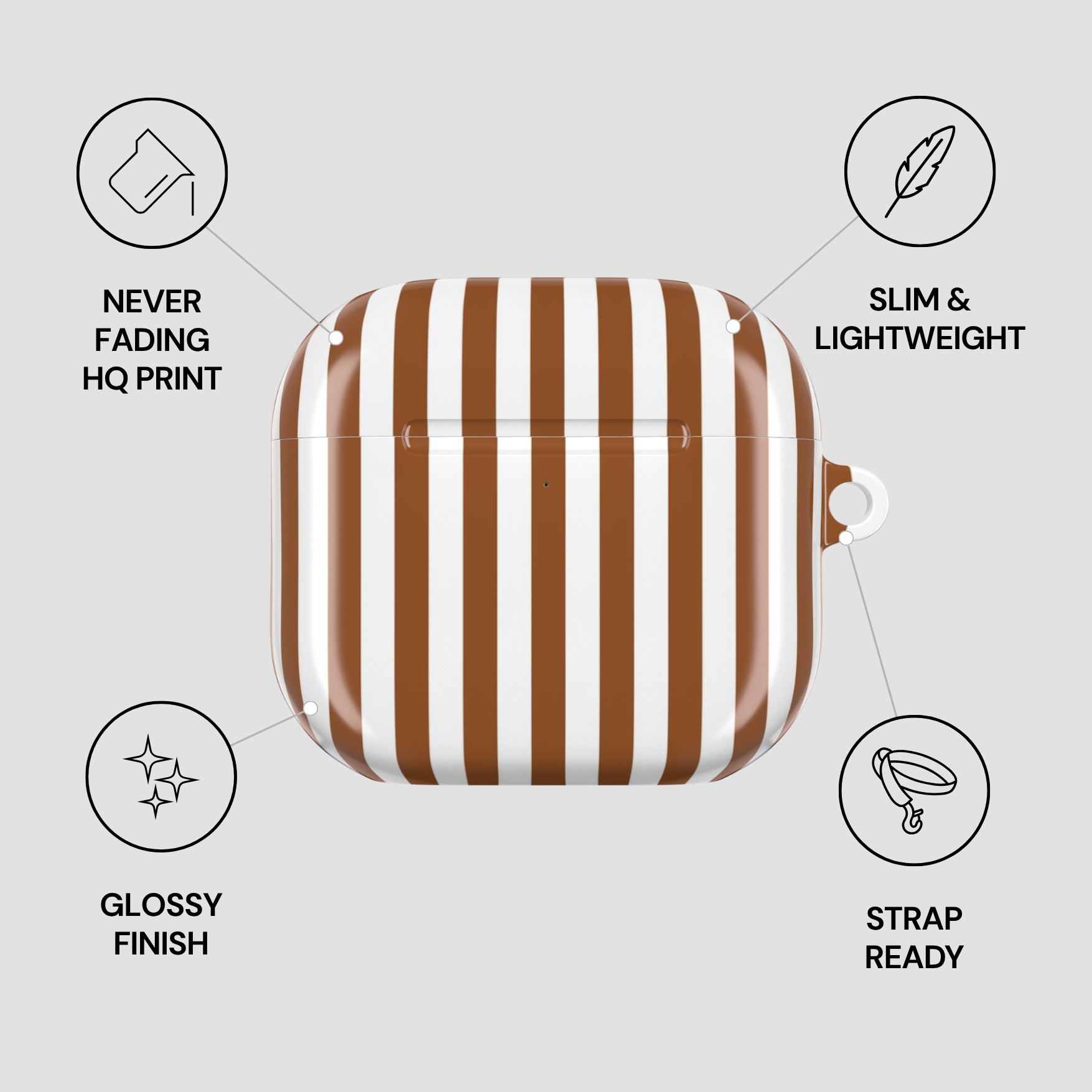 Striped case with features listed on a light gray background
