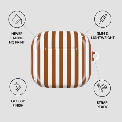 Striped case with features listed on a light gray background