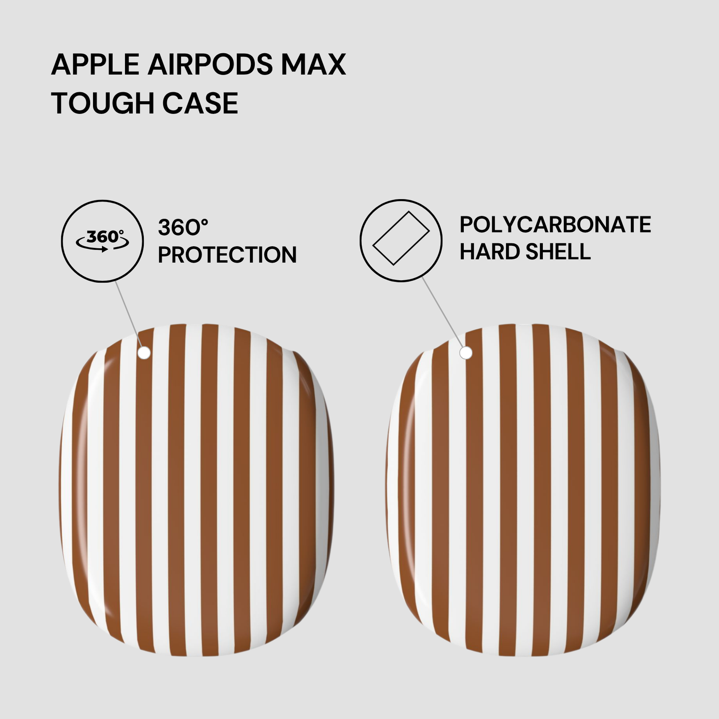 Apple AirPods Max tough case with 360-degree protection and polycarbonate hard shell on a light gray background.