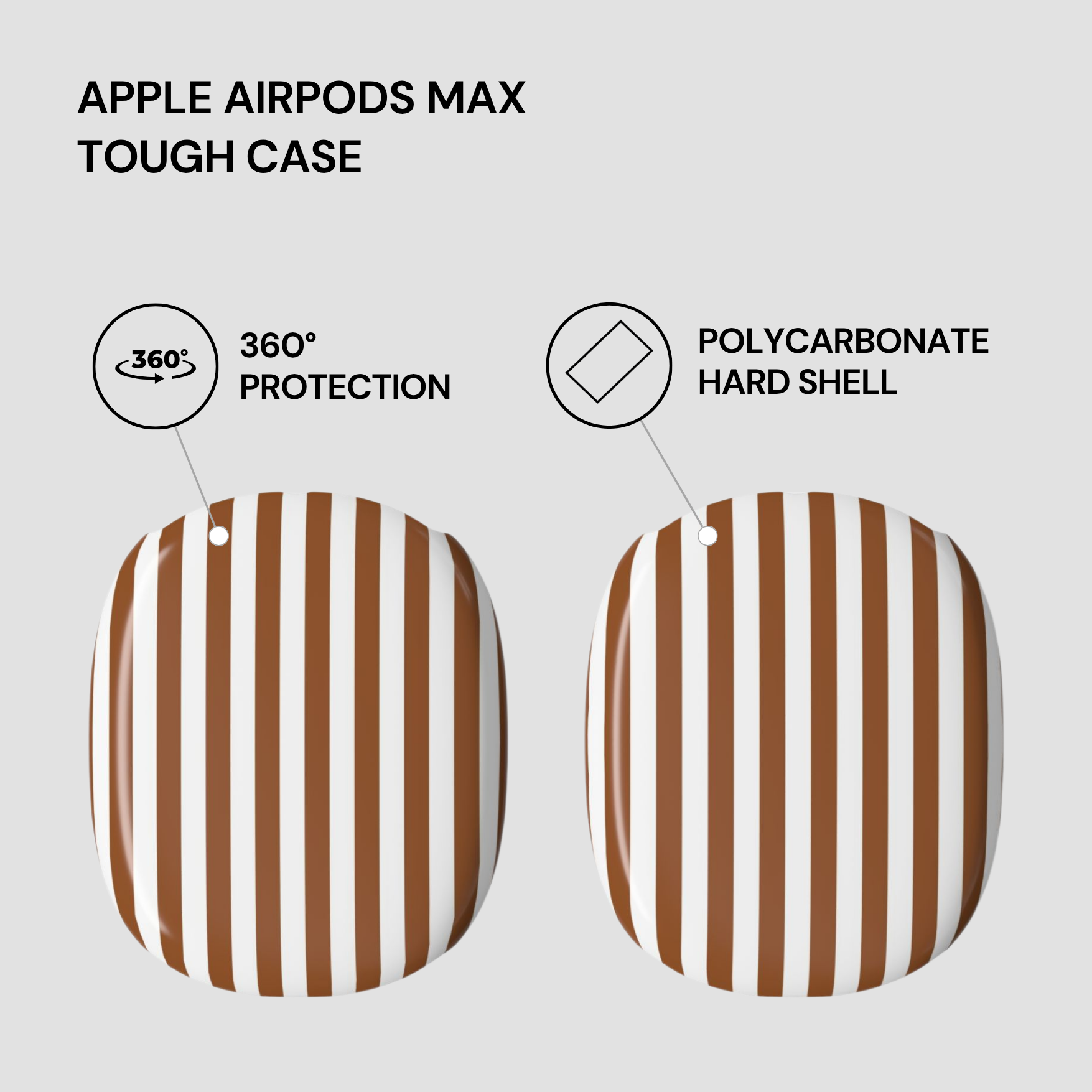 Apple AirPods Max tough case with 360-degree protection and polycarbonate hard shell on a light gray background.