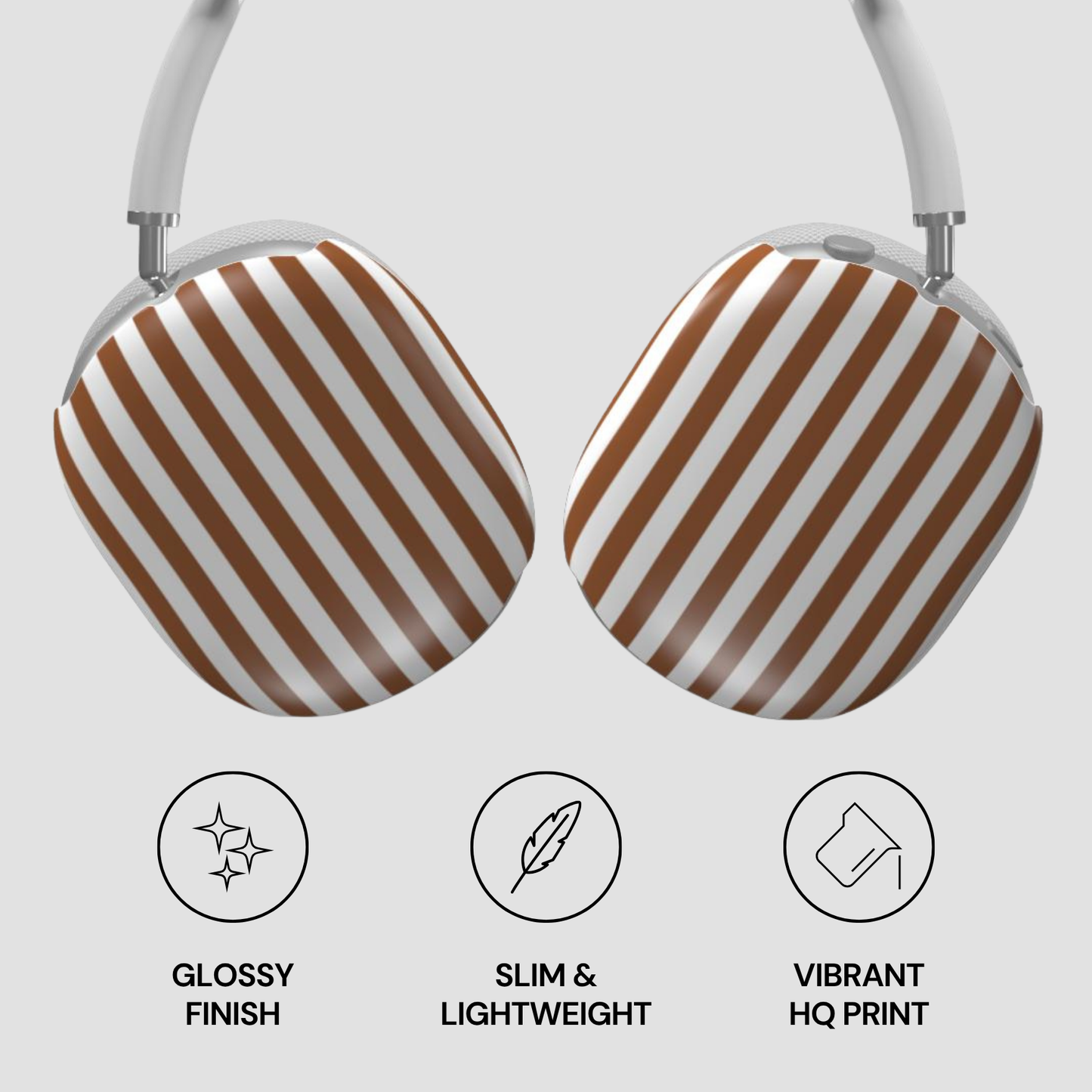 Headphones with brown and white striped design on a light gray background