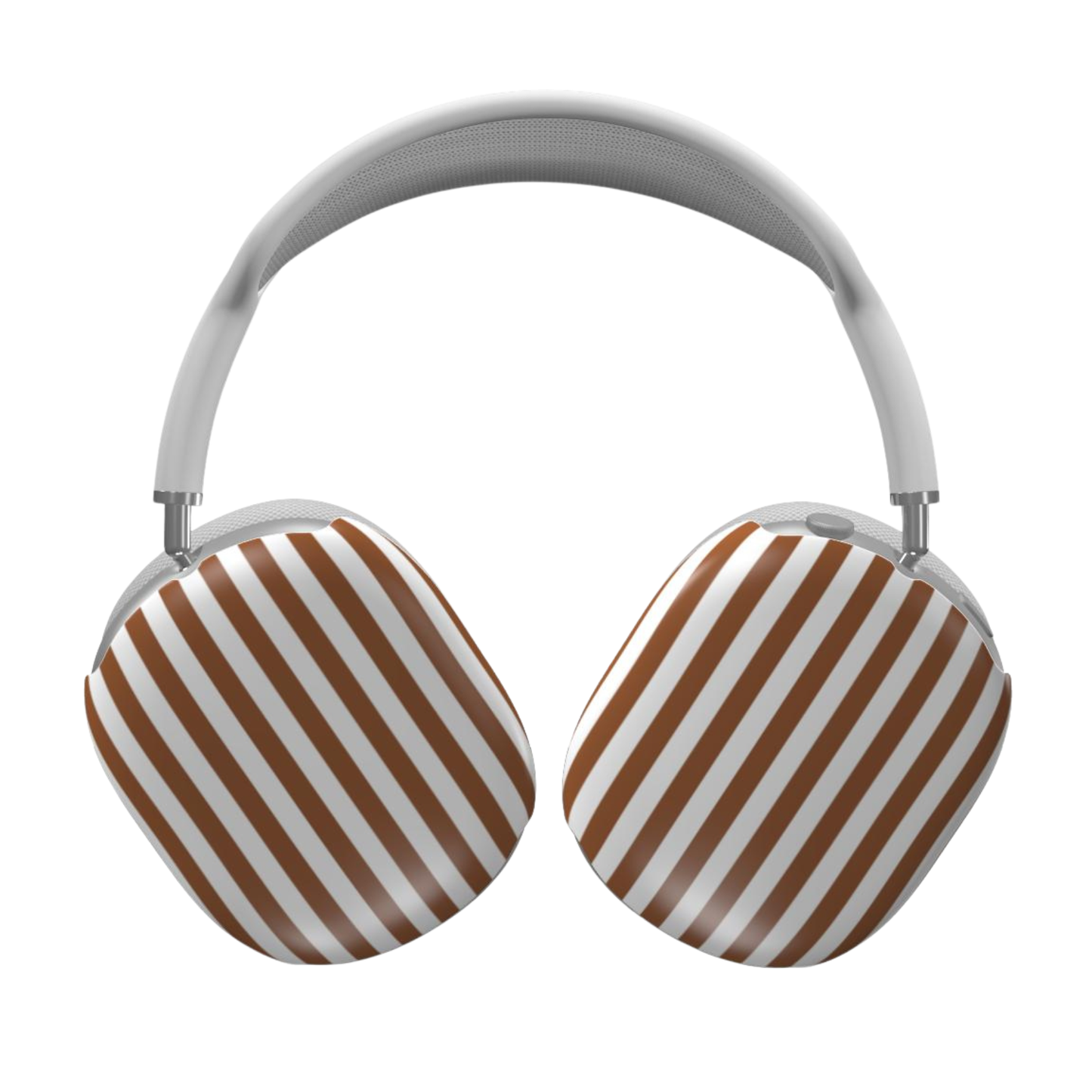Pair of headphones with brown and white striped design on a white background
