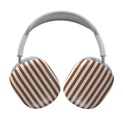 Pair of headphones with brown and white striped design on a white background