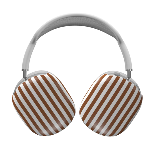 Pair of headphones with brown and white striped design on a white background