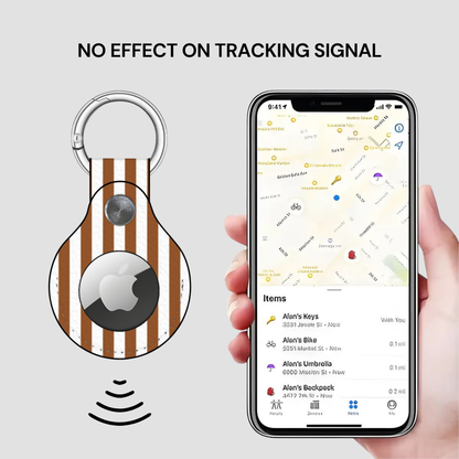 Smart keychain with Apple logo and phone displaying location app on gray background