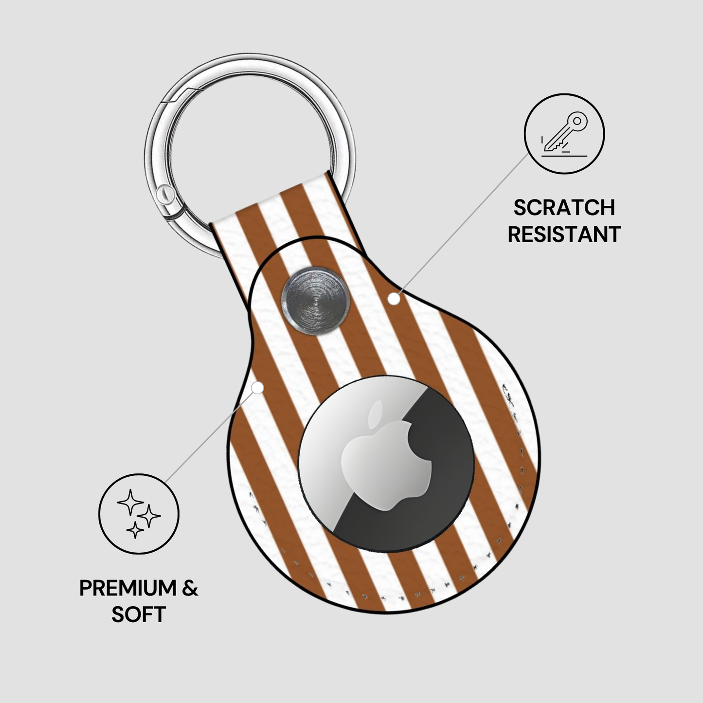 Keychain with Apple device and striped design on a gray background