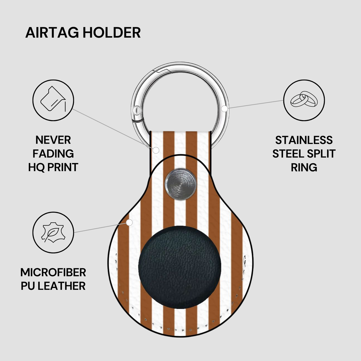 Airtag holder with features highlighted on a gray background