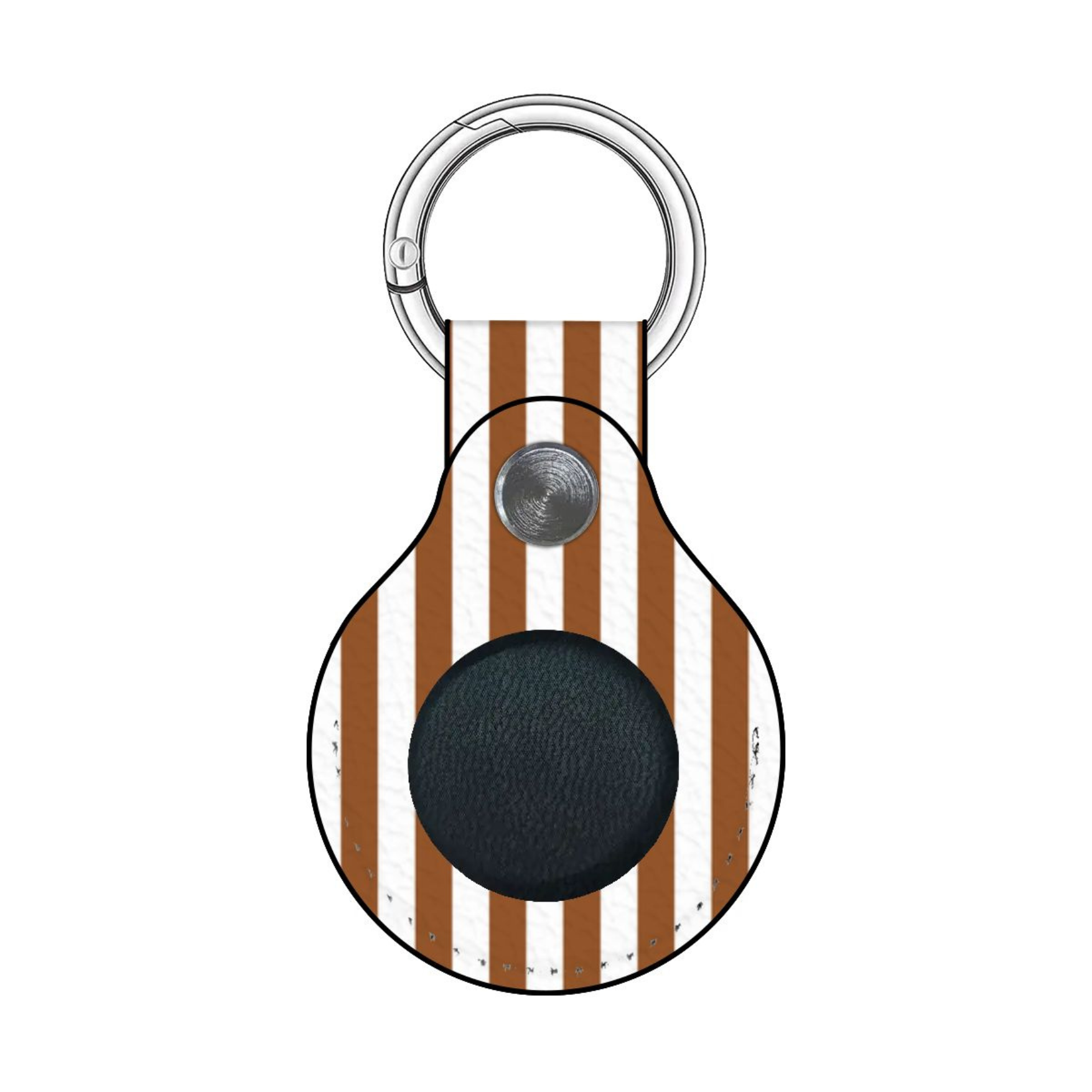 Keychain with brown and white striped design and black round component on a white background