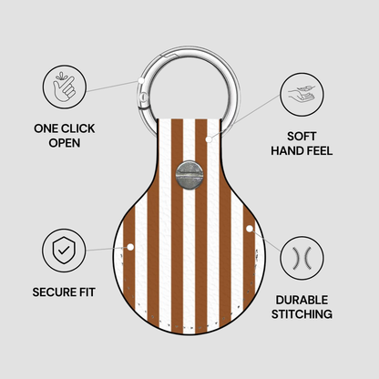 Keychain with striped pattern and features listed on a gray background