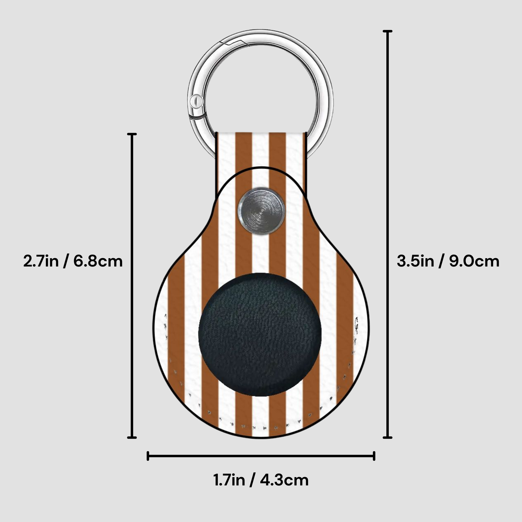 Keychain with brown and white striped pattern and black round component, shown with measurements on a light gray background.