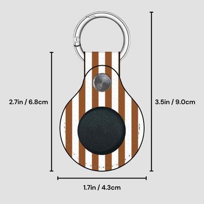 Keychain with brown and white striped pattern and black round component, shown with measurements on a light gray background.