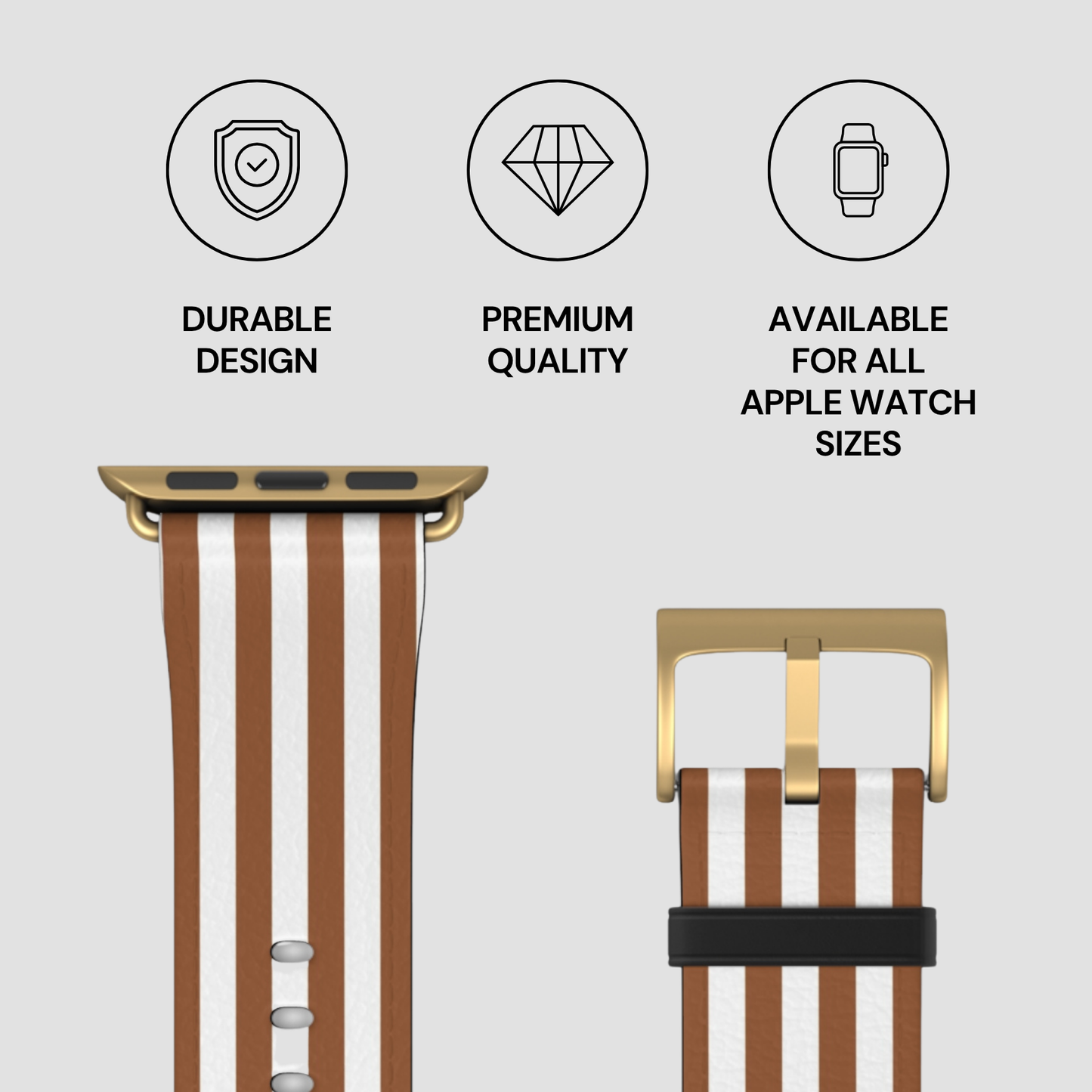 Striped Apple Watch band with gold accents on a light gray background, featuring durability, quality, and size availability text.