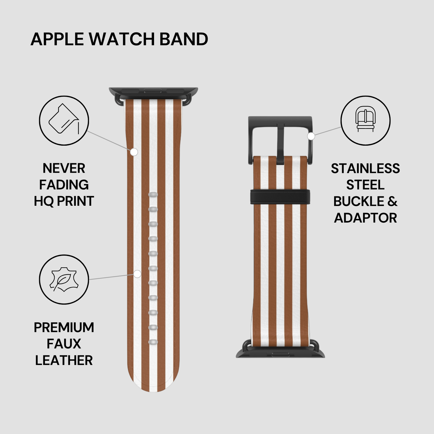 Apple Watch band with features highlighted on a gray background