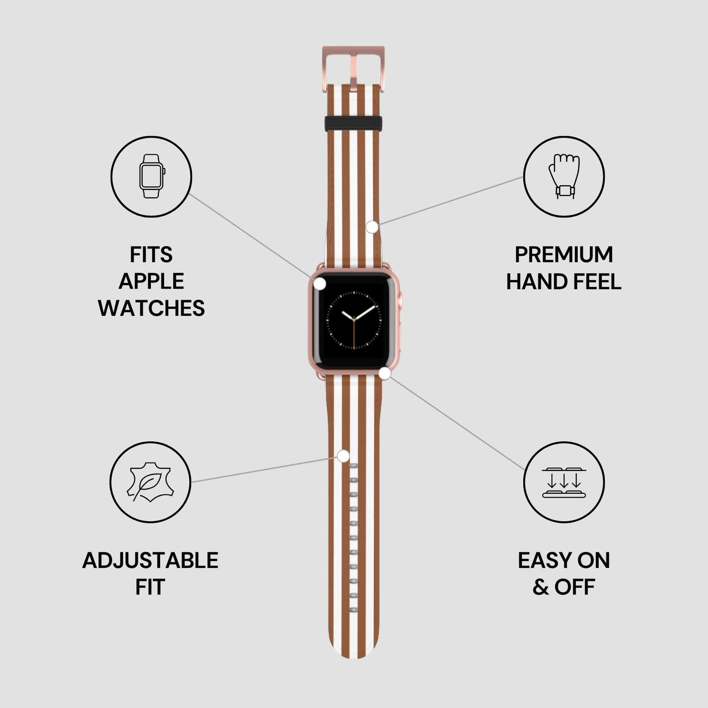 Rose gold watch band with features listed on a light gray background