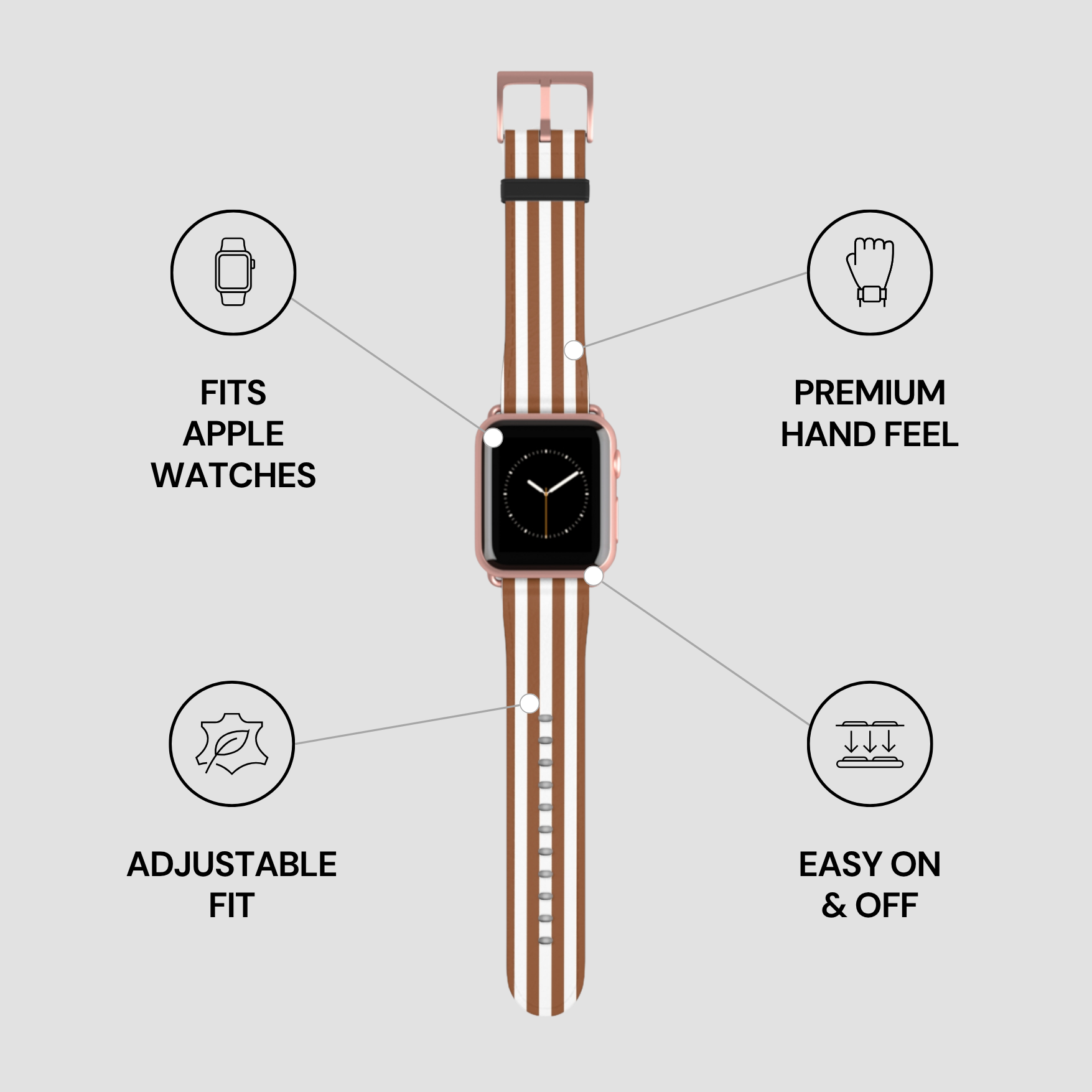 Rose gold watch band with features listed on a light gray background