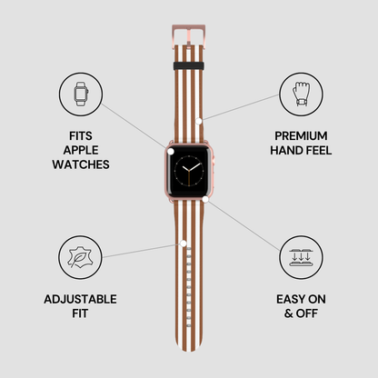 Rose gold watch band with features listed on a light gray background