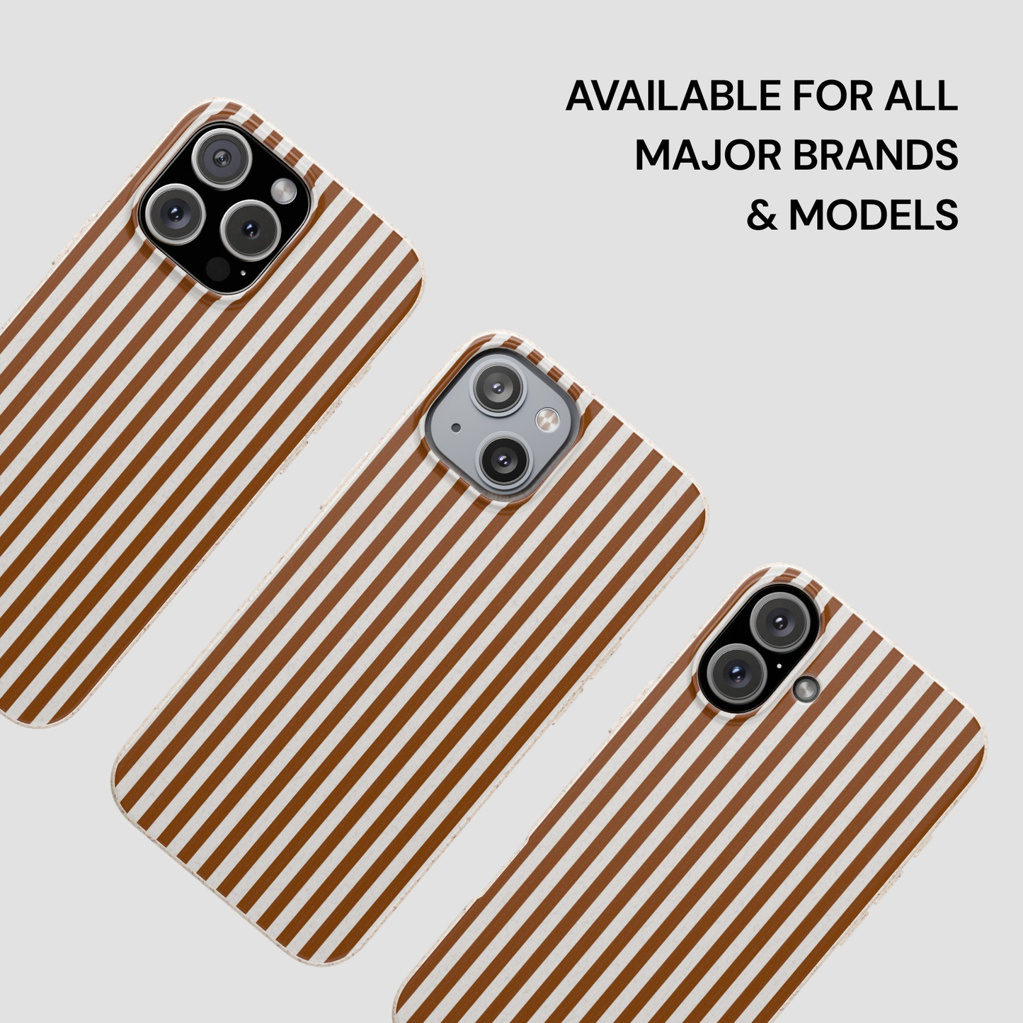 Three striped phone cases on a light gray background with text 'Available for all major brands & models'.