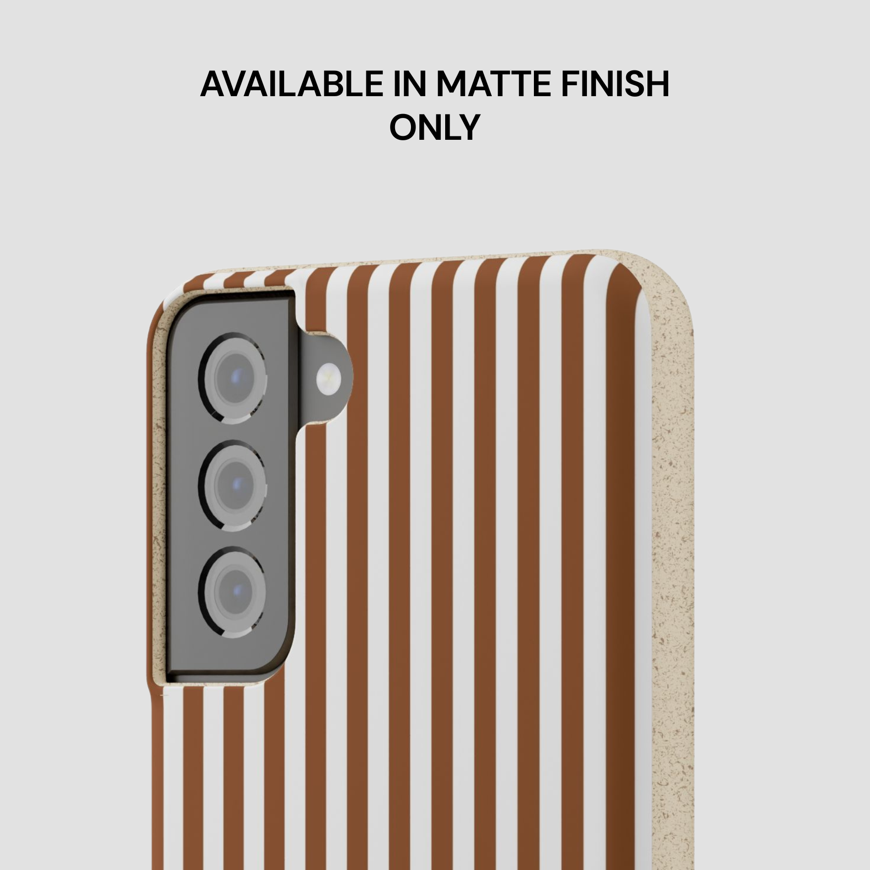 Phone case with brown and beige vertical stripes on a light gray background