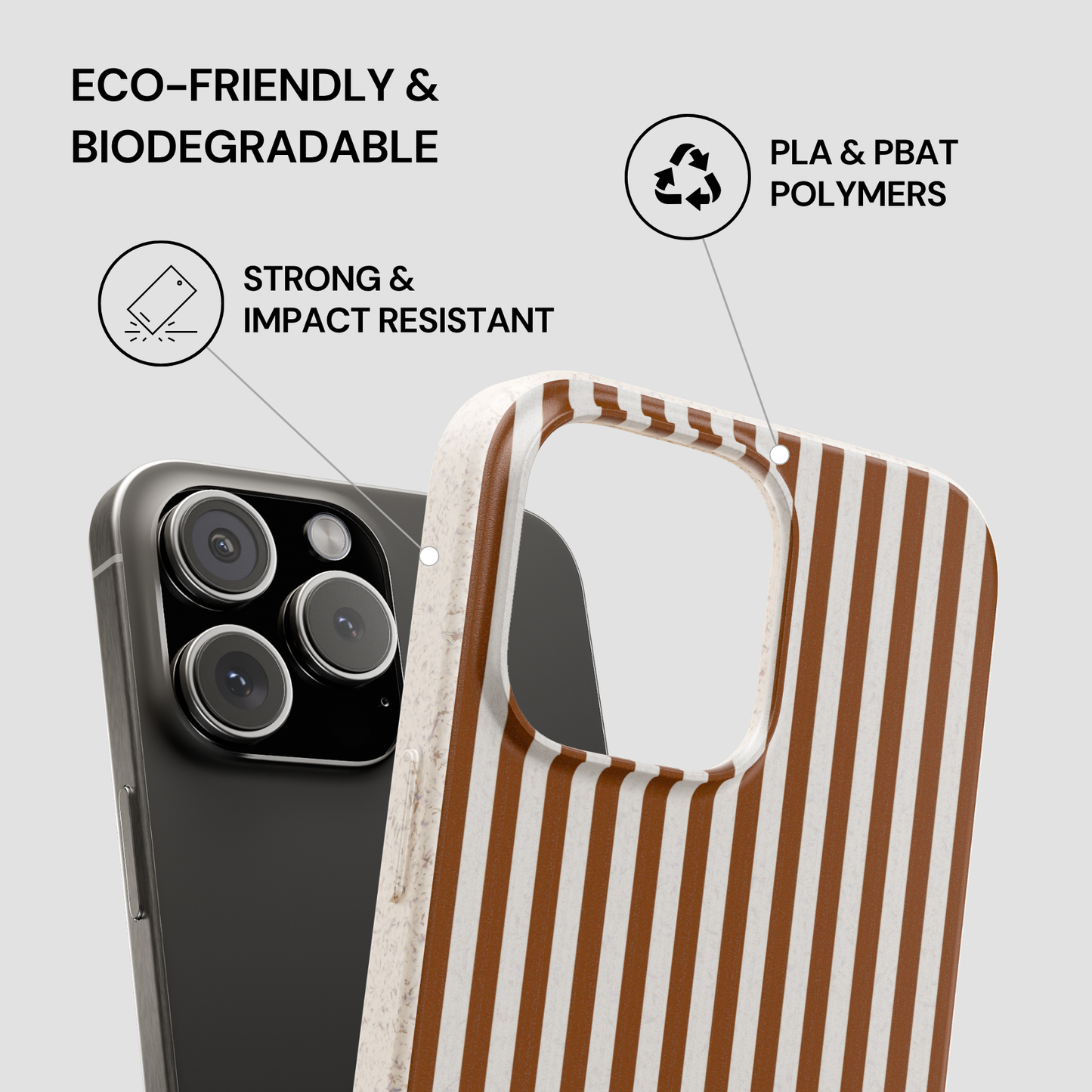 Striped phone case with eco-friendly and biodegradable features on a gray background