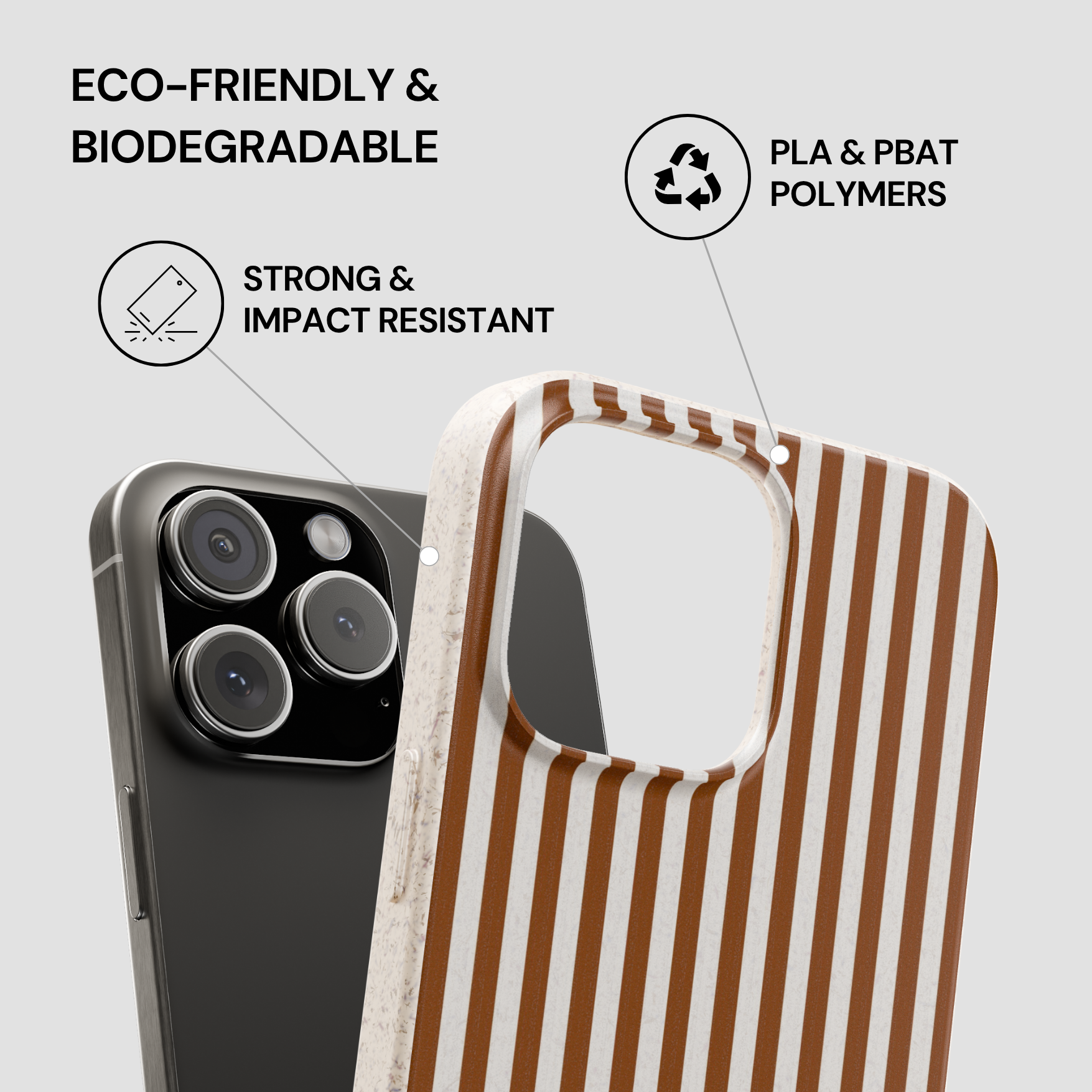 Striped phone case with eco-friendly and biodegradable features on a gray background
