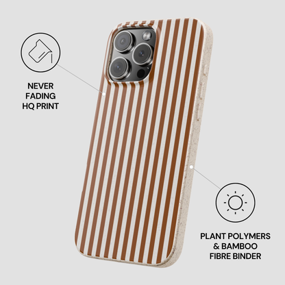 Phone case with brown and white striped design on a light gray background
